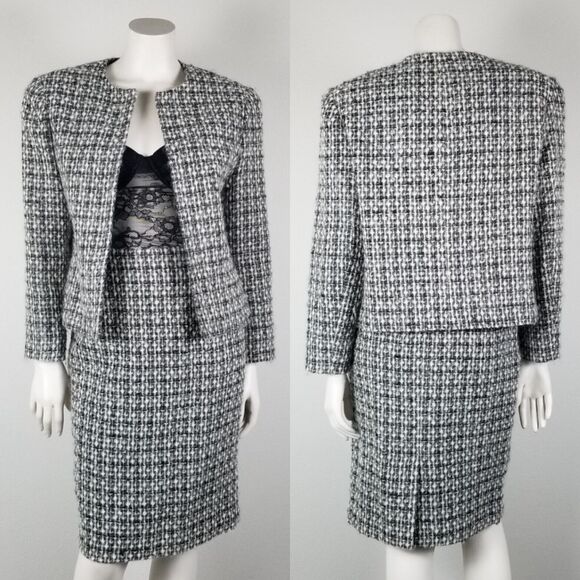 Lord & Taylor 80s/90s VTG Black White Tweed Mohair Wool Blend Skirt Suit Size 6 - Picture 1 of 15